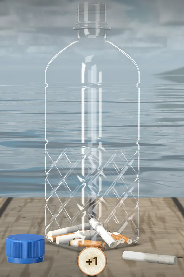 App screenshot: the bottle in the Seaside scene